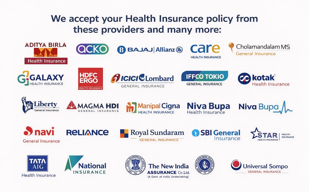 List of accepted health insurance providers in India, including Aditya Birla, Acko, Bajaj Allianz, Care, HDFC Ergo, ICICI Lombard, Star Health, and more.